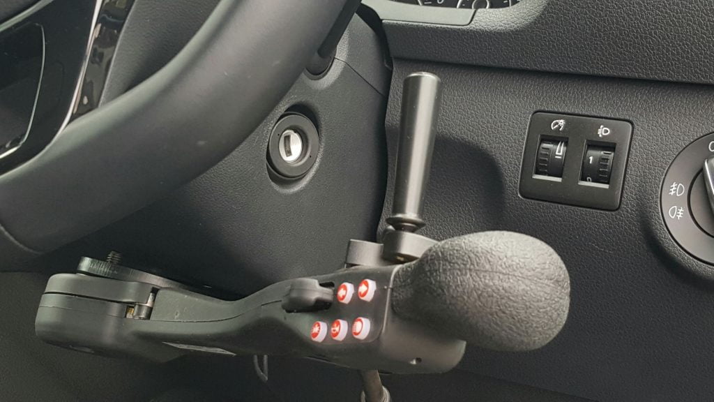 FSK2005 electronic accelerator and brake hand control installed in Disability Hire Vehicle station wagon. When personal need transforms into service.