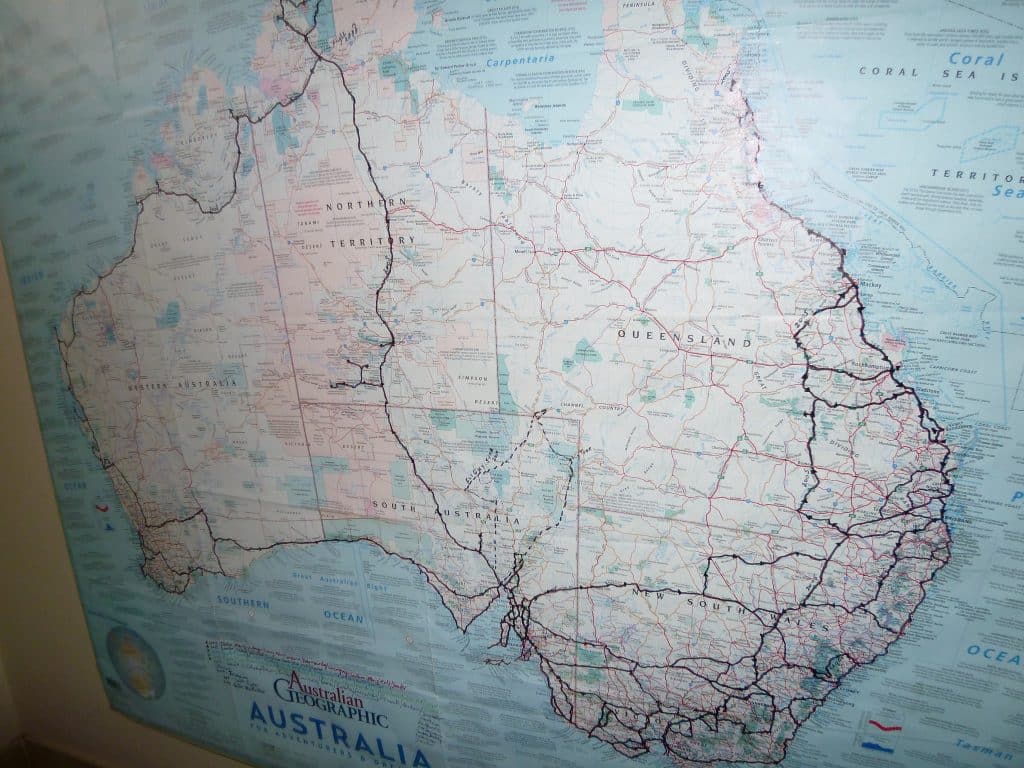 Map of Australia with routes marked out in black