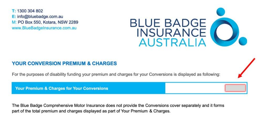 Excerpt from Blue Badge Insurance Policy showing the vehicle modifications part of the premium.