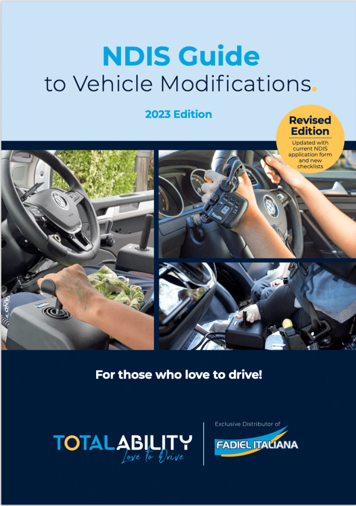 Image of front cover of the NDIS Guide. It has the title and three images of people with disability driving with hand controls. For those who love to drive.