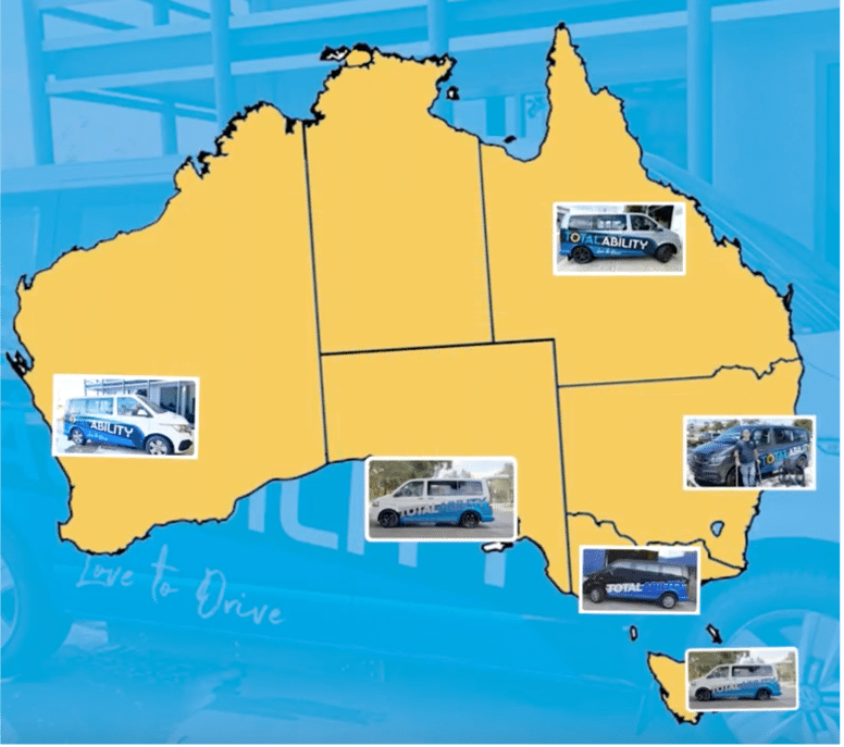 Map of Australia with an image of a Total Ability van in each of the major States